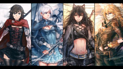 Rule 34 | 4girls, abs, advarcher, alternate costume, animal ears, belt, blake belladonna, breasts, cat ears, cleavage, combination weapon, compilation, corset, crescent rose, ember celica (rwby), gambol shroud, highres, multiple girls, myrtenaster, navel, pistol sword, ruby rose, rwby, siblings, sisters, sunglasses, thighhighs, weiss schnee, yang xiao long