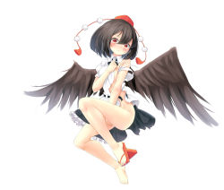 Rule 34 | 1girl, bad id, bad pixiv id, bird wings, black hair, black wings, blush, bottomless, covering privates, covering breasts, covering crotch, full body, geta, hat, hat ribbon, highres, looking at viewer, naked shirt, no bra, no panties, ootsuki momiji, pom pom (clothes), red eyes, ribbon, shameimaru aya, shirt, shoes, single shoe, skirt, unworn skirt, solo, tears, tokin hat, torn clothes, torn shirt, torn skirt, touhou, touhou ayaria epic, wings