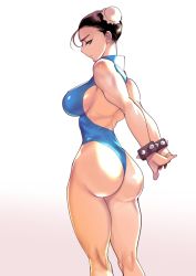 Rule 34 | 1girl, arms behind back, ass, backless leotard, black hair, blue leotard, bracelet, breasts, brown hair, bun cover, capcom, chun-li, closed eyes, commentary, double bun, dytm, from behind, gradient background, grey background, hair bun, half-closed eyes, highres, jewelry, kneepits, large breasts, leotard, light frown, looking at viewer, looking back, own hands together, short hair, simple background, solo, spiked bracelet, spikes, standing, street fighter, thong leotard, white background