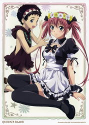 Rule 34 | 1boy, 1girl, absurdres, age difference, airi (queen&#039;s blade), airi (queen's blade), airi (the infernal temptress), androgynous, apron, black hair, blue eyes, breasts, dress, flower, green eyes, hair flower, hair ornament, highres, legs, maid, maid apron, mary janes, official art, queen&#039;s blade, rana (queen&#039;s blade), red hair, rin-sin, shoes, thighhighs, trap, twintails