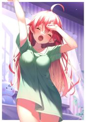 Rule 34 | 1girl, 35p (sakura miko), :o, ahoge, amanuki-san, arms up, backlighting, blouse, border, breasts, closed eyes, commentary, curtains, day, green shirt, hololive, large breasts, long hair, no pants, open mouth, open window, outside border, pink hair, sakura miko, shirt, solo, stretching, symbol-only commentary, t-shirt, virtual youtuber, wavy hair, white border, window, yawning