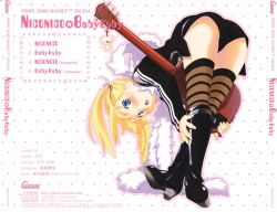 Rule 34 | 1girl, album cover, ass, bent over, blonde hair, blue eyes, blush, boots, cover, from behind, guitar, instrument, jpeg artifacts, kuuchuu yousai, long hair, looking back, original, scan, shorts, solo, thighhighs, twintails