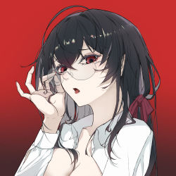 Rule 34 | 1girl, absurdres, adjusting eyewear, azur lane, black hair, breasts, collarbone, glasses, hair ribbon, hand on eyewear, highres, huangmao, large breasts, long hair, long sleeves, looking at viewer, official alternate costume, open clothes, open mouth, open shirt, red background, red eyes, red ribbon, ribbon, shirt, solo, taihou (azur lane), taihou (sweet time after school) (azur lane), tongue, upper body, white shirt