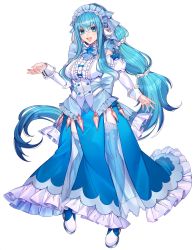 Rule 34 | 1girl, absurdly long hair, absurdres, bad id, bad twitter id, blue eyes, blue hair, blue thighhighs, breasts, buttons, commentary request, creatures (company), detached sleeves, dress, female focus, fingernails, frills, full body, game freak, garter straps, gen 7 pokemon, gradient hair, hair ornament, headdress, highres, katagiri hachigou, long hair, low twintails, medium breasts, multicolored hair, nintendo, open mouth, personification, pokemon, primarina, ribbon, ribbon trim, see-through, shiny skin, sidelocks, simple background, smile, solo, standing, thighhighs, twintails, very long hair, white background