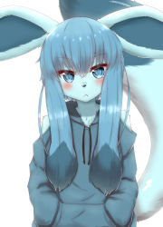 Rule 34 | 1girl, :&lt;, animal ears, animal nose, bare shoulders, blue eyes, blue fur, blue hair, blue hoodie, blue sweater, blush, body fur, closed mouth, clothing cutout, creatures (company), drawstring, fang, fang out, female focus, flat chest, fox ears, fox girl, fox tail, furry, furry female, game freak, gen 4 pokemon, glaceon, hands in pockets, highres, hood, hood down, hoodie, horokusa (korai), large tail, long hair, long sleeves, looking at viewer, multicolored hair, nintendo, personification, pokemon, pokemon (creature), shoulder cutout, sidelocks, simple background, solo, standing, straight-on, sweater, tail, tail raised, two-tone hair, white background