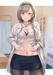 Rule 34 | 1girl, azur lane, bed, belly grab, black bra, black hairband, black pantyhose, black skirt, blush, bra, bra peek, braid, braided ponytail, breasts, cabinet, cleavage, collarbone, commentary request, cowboy shot, eagle (azur lane), eagle (eagle&#039;s clinic) (azur lane), earrings, groin, hair between eyes, hairband, highres, id card, indoors, infirmary, jewelry, kuroame (kurinohana), lab coat, lanyard, long hair, looking at viewer, medium breasts, miniskirt, navel, necklace, pantyhose, parted lips, partially unbuttoned, pencil skirt, shirt, sidelocks, skirt, solo, standing, sweatdrop, underwear, weight conscious, white shirt, yellow eyes
