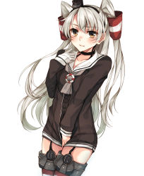 Rule 34 | 10s, 1girl, amatsukaze (kancolle), black hat, blonde hair, brown eyes, choker, collarbone, covering crotch, covering privates, dress, eyebrows, garter straps, gloves, hair tubes, hairband, hat, highres, horizontal-striped legwear, kantai collection, long hair, long sleeves, looking at viewer, mini hat, no pants, rinarisa, sailor dress, school uniform, serafuku, short dress, solo, striped clothes, striped thighhighs, thigh strap, thighhighs, twintails, two side up, very long hair, white gloves, zettai ryouiki