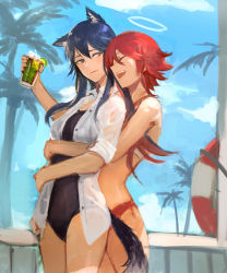 Rule 34 | 2girls, ^ ^, alternate costume, animal ears, arknights, bare legs, bikini, black hair, black one-piece swimsuit, blue sky, blush, breasts, closed eyes, closed mouth, cloud, cloudy sky, collared shirt, commentary, cowboy shot, cup, day, drink, earrings, english commentary, exusiai (arknights), food, fruit, glass, halo, highres, holding, holding cup, hug, hug from behind, innertube, jewelry, kupikuuu, lime (fruit), lime slice, long hair, looking at another, looking back, medium breasts, multicolored hair, multiple girls, one-piece swimsuit, open clothes, open mouth, open shirt, orange eyes, outdoors, palm tree, red bikini, red hair, shirt, short hair, short sleeves, sky, smile, streaked hair, sweatdrop, swim ring, swimsuit, tail, texas (arknights), thighs, tree, two-tone hair, white shirt, wolf ears, wolf tail, yuri