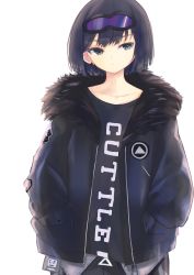 Rule 34 | 1girl, absurdres, andreana (arknights), arknights, black hair, black jacket, black shirt, blue eyes, collarbone, fur-trimmed jacket, fur trim, goggles, goggles on head, hands in pockets, highres, jacket, long sleeves, mask, unworn mask, open clothes, open jacket, shirt, short hair, simple background, solo, tokoi, white background