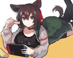Rule 34 | 1girl, animal ears, arknights, brown hair, catapult (arknights), chips (food), closed mouth, commentary request, eating, food, hair between eyes, holding, holding food, jacket, long sleeves, looking at viewer, lying, nintendo switch, on stomach, sasa onigiri, shirt, short hair, smile, solo, tail, thighhighs