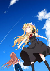 Rule 34 | 00s, 2girls, air (visual novel), back-to-back, blonde hair, brown hair, cloud, day, happy, kamio haruko, kamio misuzu, long hair, multiple girls, namori, outstretched arms, sky, smile, spread arms
