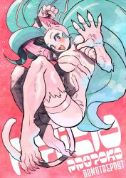 Rule 34 | 1girl, absurdres, animal ear hairband, animal ears, arm up, ass, blue eyes, blue hair, blush, breasts, cat ear hairband, cat ears, cat tail, claws, cleavage, curled up, fake animal ears, fangs, felicia (vampire), full body, hairband, highres, large breasts, long hair, looking at viewer, monster girl, oko (ocotaros), open mouth, pink background, sidelocks, smile, solo, tail, thigh strap, thighs, vampire (game), wryyoco