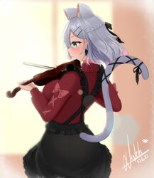 Rule 34 | 1girl, absurdres, animal ears, black skirt, blurry, blurry background, braid, cat ears, cat tail, closed mouth, commentary, dated, english commentary, french braid, green eyes, grey hair, highres, hiiragi emuri, holding, holding instrument, holding violin, instrument, long sleeves, looking at viewer, mole, mole under eye, music, mythic live, natch imaycz, playing instrument, red shirt, shirt, short hair, signature, skirt, solo, tail, violin, virtual youtuber