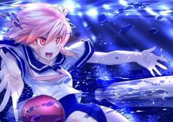 Rule 34 | 10s, 1girl, :d, i-58 (kancolle), kantai collection, kyougoku touya, open hands, open mouth, outstretched arms, outstretched hand, pink hair, red eyes, school uniform, serafuku, short hair, smile, solo, swimsuit, swimsuit under clothes, torpedo, type 95 torpedo, underwater