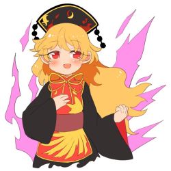Rule 34 | 1girl, aura, black dress, black headwear, blush, chinese clothes, dress, hair between eyes, ini (inunabe00), junko (touhou), long hair, long sleeves, open mouth, orange hair, phoenix crown, red eyes, simple background, smile, solo, tabard, touhou, upper body, white background, wide sleeves