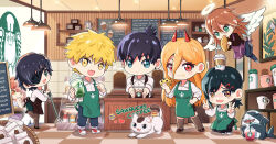 Rule 34 | 3boys, 4girls, androgynous, angel devil (chainsaw man), angel wings, apron, barista, basket, black hair, blonde hair, blue eyes, brand name imitation, brown eyes, brown hair, brown thighhighs, cake, cat, chainsaw man, chibi, coffee cup, croissant, cross-shaped pupils, cup, denji (chainsaw man), disposable cup, double v, earrings, eating, eyepatch, food, food in mouth, food on face, green apron, green eyes, hair between eyes, hair ornament, hairclip, halo, hand on own hip, hayakawa aki, higashiyama kobeni, highres, horns, jewelry, kiunchiku, logo parody, makima (chainsaw man), meowy (chainsaw man), mop, mug, multiple boys, multiple girls, object on head, pochita (chainsaw man), pointing, power (chainsaw man), purple apron, red eyes, red hair, red horns, ringed eyes, shark, shoes, short hair, sneakers, squatting, standing, standing on one leg, starbucks, stud earrings, sweat, symbol-shaped pupils, thighhighs, v, whiskers, wings, yellow eyes
