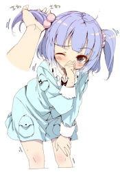 Rule 34 | 1girl, blue eyes, blue hair, blush, buriki, cowboy shot, cropped legs, female focus, hair bobbles, hair ornament, hand on own face, kawashiro nitori, leaning, looking up, matching hair/eyes, no headwear, one eye closed, short hair, short twintails, simple background, skirt, skirt set, solo, touhou, twintails, two side up, white background, wince, wink