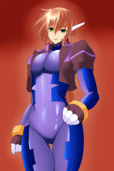 Rule 34 | 1girl, absurdres, aile (mega man zx), alternate breast size, alternate costume, bodysuit, breasts, brown background, brown hair, cosplay, cropped jacket, green eyes, hair between eyes, hand on own hip, highres, jacket, large breasts, long hair, mega man (series), mega man zx, mega man zx advent, puffy short sleeves, puffy sleeves, short sleeves, simple background, skin tight, smile, solo, spandex