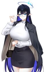 Rule 34 | 1girl, absurdres, alternate costume, arm under breasts, bag, black hair, blue archive, blue eyes, blue hair, breasts, casul, colored inner hair, cowboy shot, glasses, halo, hand up, highres, jacker, jacket, jacket on shoulders, large breasts, long hair, miniskirt, multicolored hair, pencil skirt, pointy ears, rin (blue archive), shirt, shoulder bag, skirt, standing, turtleneck, white background, white shirt