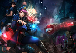 Rule 34 | 3girls, aircraft, black footwear, blitzcrank, blue eyes, boots, breast tattoo, breasts, caitlyn (league of legends), cigar, cleavage, daeho cha, earrings, elbow gloves, explosion, gauntlets, gloves, grin, gun, hat, highres, jewelry, jinx (league of legends), knee boots, large breasts, league of legends, lips, long hair, looking at viewer, multiple girls, night, officer caitlyn, officer vi, pink hair, police, police hat, police uniform, rifle, robot, science fiction, sitting, sitting on person, smile, smoking, tattoo, uniform, vi (league of legends), weapon