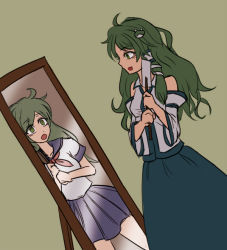 Rule 34 | 2girls, :d, :o, beige background, blue skirt, detached sleeves, different reflection, dual persona, dutch angle, eyelashes, frog hair ornament, gohei, green eyes, hair brush, hair ornament, hair tubes, kochiya sanae, long hair, looking at mirror, miata (miata8674), mirror, multiple girls, oonusa, open mouth, reflection, school uniform, serafuku, simple background, skirt, smile, snake hair ornament, touhou, aged down