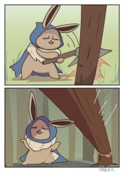 Rule 34 | 2koma, animal focus, artist name, axe, bags under eyes, blue cape, boke-chan, border, cape, chopping, closed eyes, comic, creatures (company), ears through headwear, eevee, forest, full body, game freak, gen 1 pokemon, grass, highres, holding, holding axe, hood, hood up, hooded cape, motion lines, nature, nintendo, no humans, open mouth, outdoors, pokemon, pokemon (creature), shrugging, signature, sketch, standing, tree, twitter username, white border, wrinkled frown (detective pikachu)