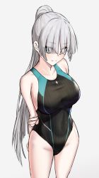 Rule 34 | 1girl, anastasia (fate), bare shoulders, black one-piece swimsuit, blue eyes, blue one-piece swimsuit, blush, breasts, collarbone, covered navel, elfenlied22, fate/grand order, fate (series), hair over one eye, highleg, highleg swimsuit, highres, large breasts, long hair, looking at viewer, one-piece swimsuit, ponytail, silver hair, smile, solo, swimsuit, thighs