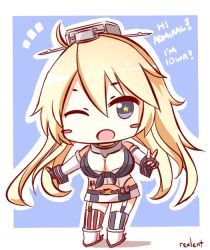 Rule 34 | 10s, 1girl, ;d, ahoge, artist name, asymmetrical legwear, blonde hair, blush stickers, breasts, chibi, cleavage, clothes writing, detached sleeves, english text, fingerless gloves, garter straps, gloves, headgear, iowa (kancolle), kantai collection, large breasts, long hair, looking at viewer, mismatched legwear, one eye closed, open mouth, rexlent, smile, solo, star-shaped pupils, star (symbol), symbol-shaped pupils, thighhighs, v