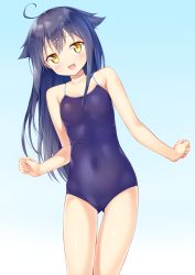 Rule 34 | 10s, 1girl, :d, ahoge, bare shoulders, blue background, blue hair, blue one-piece swimsuit, breasts, competition school swimsuit, cowboy shot, gluteal fold, gradient background, hair flaps, hair ornament, hairclip, highres, hinako note, jacket, kazuma (kazumav), leaning to the side, long hair, looking at viewer, natsukawa kuina, one-piece swimsuit, open mouth, school swimsuit, small breasts, smile, solo, swimsuit, thigh gap, yellow eyes