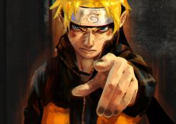 Rule 34 | 1boy, blonde hair, blue eyes, colorized, derivative work, forehead protector, headband, looking at viewer, male focus, naruto, naruto (series), pointing, schouher, solo, uzumaki naruto