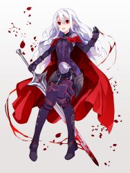 Rule 34 | 1girl, armor, armored boots, blood, bloody weapon, boots, cape, faulds, full body, gradient background, grey background, highres, long hair, looking at viewer, open mouth, petals, pixiv fantasia, pixiv fantasia last saga, pointy ears, red eyes, simple background, solo, sword, thigh boots, thighhighs, tori (10ri), weapon, white hair