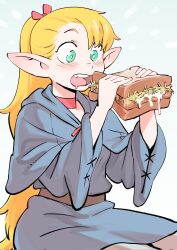 Rule 34 | 1girl, aqua eyes, blonde hair, blue capelet, blue tunic, capelet, choker, colo (nagrolaz), dungeon meshi, elf, food, highres, holding, holding food, long hair, marcille donato, open mouth, pointy ears, ponytail, red choker, sandwich, sitting, solo