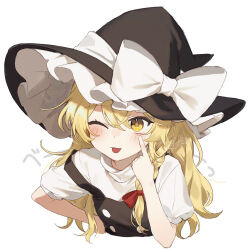 Rule 34 | akanbe, black hat, blonde hair, blush, eyelid pull, hat, highres, jill 07km, kirisame marisa, one eye closed, ribbon, tongue, tongue out, touhou, witch, witch hat, yellow pupils