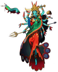 Rule 34 | 1girl, absurdres, barefoot, black hair, blue skin, brown eyes, colored skin, crown, extra arms, full body, highres, hindu mythology, holding, jewelry, kali, long hair, mantis shrimp, necklace, nose piercing, nose ring, personification, piercing, rinotuna, shadow, simple background, skull, smile, solo, tongue, tongue out, white background