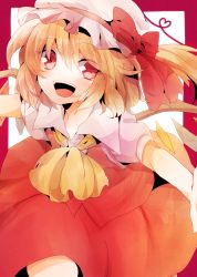 Rule 34 | 1girl, bad id, bad pixiv id, blonde hair, blush, bow, female focus, flandre scarlet, hair bow, hat, highres, kosugi nozomu, open mouth, outstretched arms, puffy sleeves, red eyes, short hair, short sleeves, side ponytail, solo, sugino (patrassyar), touhou