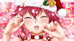 Rule 34 | 1girl, bad id, bad pixiv id, bare shoulders, bell, closed eyes, cream, cul, earrings, fingernails, food, food on face, fruit, hat, jewelry, jingle bell, long hair, masami chie, nail polish, open mouth, portrait, red hair, santa hat, solo, strawberry, suggestive fluid, tears, vocaloid