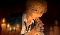 Rule 34 | 1boy, black jacket, black necktie, blonde hair, blood, blood on clothes, blood on face, blood on hands, blurry, blurry background, chain, closed mouth, collared shirt, cross, gugong (90 un), hair between eyes, highres, hunter x hunter, jacket, jewelry, kurapika, latin cross, looking away, multiple rings, necktie, red eyes, ring, shirt, short hair, solo, suit jacket, white shirt