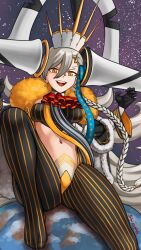 Rule 34 | 1girl, braid, commentary, earrings, earth (planet), evil smile, fate/grand order, fate (series), grey hair, highres, horns, jewelry, long hair, looking at viewer, midriff, mixed-language commentary, monochrome, navel, no shoes, olga marie animusphere, open mouth, orange eyes, planet, shinsaku (stan-art), single braid, single horn, sitting, smile, spoilers, teeth, u-olga marie, upper teeth only, very long hair