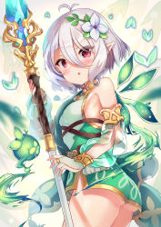 Rule 34 | 1girl, :o, ass, bridal gauntlets, detached sleeves, flower, green sleeves, hair between eyes, hair flower, hair ornament, highres, holding, holding staff, kokkoro (princess connect!), looking at viewer, pink eyes, pointy ears, princess connect!, see-through, see-through sleeves, short hair, solo, staff, thighs, twitter username, white hair, xephonia
