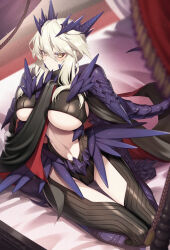 Rule 34 | 1girl, armor, artoria pendragon (fate), artoria pendragon (lancer alter) (fate), bed, blush, bodysuit, braid, breasts, cape, cleavage, clothing cutout, cluseller, commission, fate/grand order, fate (series), french braid, hair between eyes, horns, long hair, looking at viewer, pauldrons, revealing clothes, ribbed bodysuit, shoulder armor, skeb commission, solo, underboob, yellow eyes