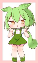 Rule 34 | 1girl, :&lt;, absurdres, blush, brown eyes, chibi, double v, full body, green footwear, green hair, green skirt, hair between eyes, hana kazari, hands up, highres, long hair, looking at viewer, outline, parted lips, pigeon-toed, pink background, puffy short sleeves, puffy sleeves, shirt, shoes, short sleeves, skirt, solo, standing, suspender skirt, suspenders, triangle mouth, two-tone background, v, very long hair, voicevox, white background, white outline, white shirt, zundamon