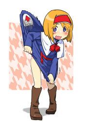 Rule 34 | 1girl, algodoo, alice margatroid, arrow (symbol), blonde hair, blue dress, blue eyes, blush, boots, bow, bowtie, brown footwear, capelet, clothes lift, commentary request, cookie (touhou), dress, dress lift, eyes visible through hair, flat chest, frilled hairband, frills, full body, hair between eyes, hairband, houndstooth, kakusou, looking at viewer, medium bangs, open mouth, panties, pink panties, red bow, red bowtie, red hairband, red sash, sash, short hair, solo, standing, taisa (cookie), touhou, underwear, white background, white capelet