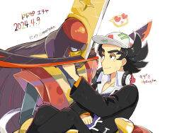 Rule 34 | 1boy, black eyes, black hair, black jacket, black pants, bright pupils, carrying, closed mouth, collared shirt, commentary request, creatures (company), dated, eye contact, game freak, giacomo (pokemon), hat, headphones, heart, jacket, kingambit, long sleeves, looking at another, male focus, nintendo, nyoripoke, pants, pointy hair, pokemon, pokemon sv, shirt, smile, spoken heart, twitter username, vest, white hat, white pupils, white shirt