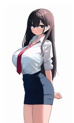 Rule 34 | 1girl, absurdres, arms behind back, bebetang, black skirt, blue eyes, blunt bangs, breasts, brown hair, closed mouth, collarbone, collared shirt, cowboy shot, dress shirt, hair over shoulder, highres, huge breasts, light smile, long hair, looking at viewer, miniskirt, necktie, original, pencil skirt, red necktie, shirt, shirt tucked in, short sleeves, sidelocks, simple background, skirt, sleeves rolled up, solo, split mouth, standing, straight hair, tented shirt, very long hair, white background, white shirt