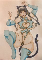 Rule 34 | 1girl, alternate hairstyle, animal ears, black hair, braid, breasts, cat ears, cat tail, chinese clothes, cleavage, curvy, dead or alive, dead or alive 5, covered erect nipples, female pubic hair, highleg, highleg leotard, highres, hime cut, huge breasts, leotard, nyotengu, open mouth, pubic hair, purple eyes, revealing clothes, smile, solo, tail, toned, twin braids, wide hips