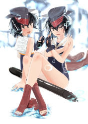 Rule 34 | 10s, 2girls, absurdres, bare shoulders, black gloves, black hair, blue one-piece swimsuit, boots, brown eyes, artistic error, feet, fingerless gloves, framed breasts, gloves, hat, highres, i-13 (kancolle), i-14 (kancolle), kantai collection, looking at viewer, multiple girls, nodokana yuki, one-piece swimsuit, open mouth, short hair, siblings, sisters, smile, swimsuit, toeless footwear, toes, torpedo