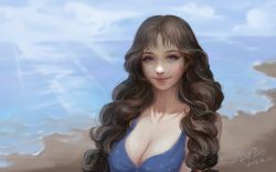 Rule 34 | 1girl, 2016, artist name, bare arms, bare shoulders, beach, bikini, blue bikini, blue eyes, breasts, brown hair, cleavage, closed mouth, cloud, cloudy sky, collarbone, dated, day, highres, large breasts, lips, looking at viewer, makeup, mascara, mole, mole under eye, ocean, original, outdoors, pink lips, san shou san, sky, smile, solo, swimsuit, upper body, water, wavy hair