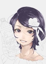 Rule 34 | 1girl, bad id, bad twitter id, bottle, character request, flower, grey background, hair flower, hair ornament, holding, looking at viewer, portrait, precure, purple eyes, purple hair, short hair, simple background, smile, solo, tasaka shinnosuke, water bottle, white background