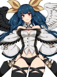 Rule 34 | 1girl, angel wings, asymmetrical wings, bare shoulders, black panties, black thighhighs, blue hair, blush, breasts, cleavage, closed mouth, cohina, dizzy (guilty gear), guilty gear, guilty gear xrd, hair rings, hand on own hip, highres, large breasts, looking at viewer, mature female, midriff, monster girl, navel, panties, red eyes, ribbon, skindentation, smile, solo, thick thighs, thigh gap, thighhighs, thighs, twintails, underwear, wings, yellow ribbon