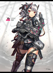 Rule 34 | 1girl, barcode, bodysuit, closed mouth, gia, gloves, grey background, gun, headgear, highres, jacket, looking at viewer, open clothes, open jacket, original, outdoors, overcast, red eyes, science fiction, short hair, signature, silver hair, sky, solo, thighhighs, trigger discipline, walking, weapon